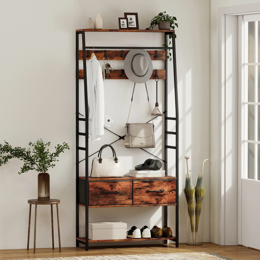 HOMCOM Mobilier de intrare 6 în 1 cuier bară pentru haine raft 2 sertare 10 cârlige 80 x 30 x 180 cm maro rustic | Aosom Romania