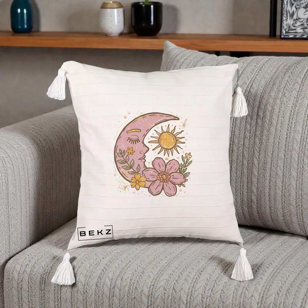 Perna Personalizata Luna si Soare Floral Boho, 40x40 cm, Bej cu Franjuri, Husa Detasabila, Perna Inclusa, BEKZ®