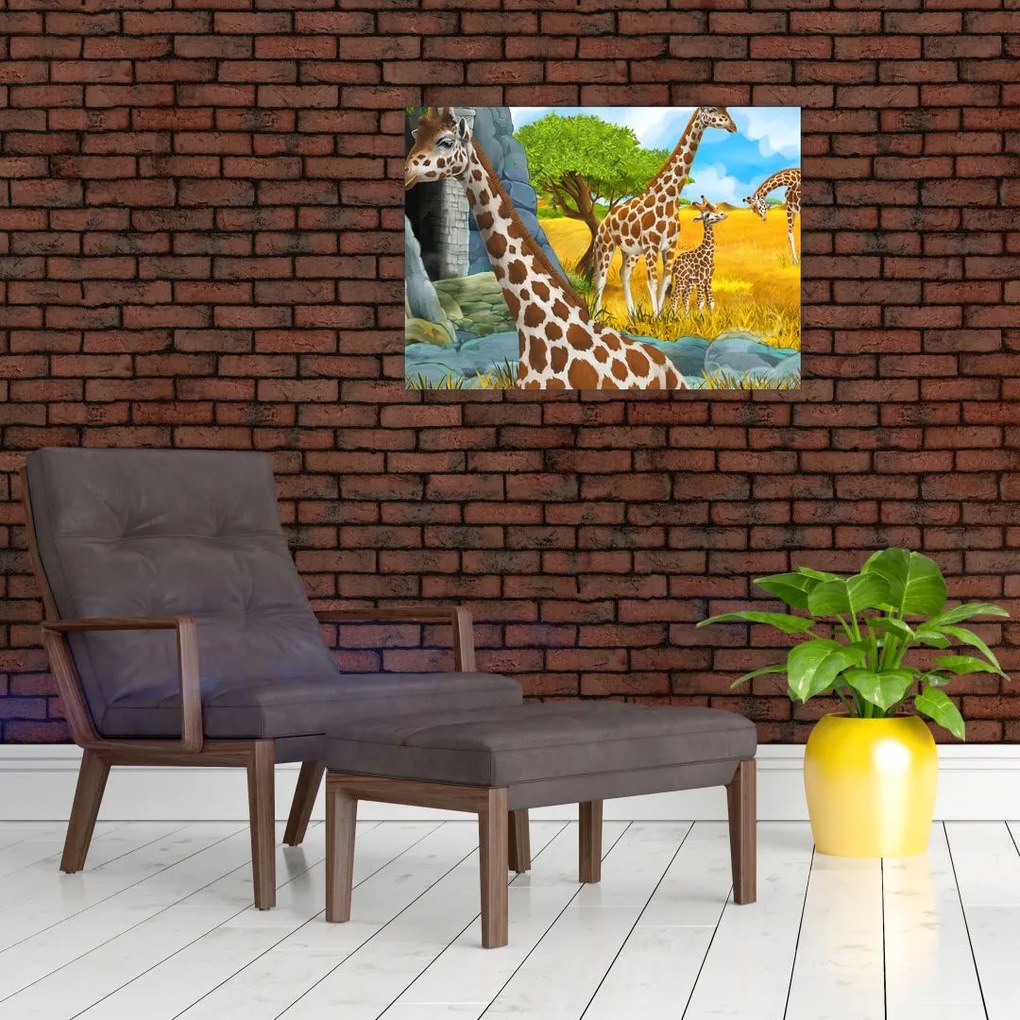Tablou pe sticlă - Familia girafelor (70x50 cm)