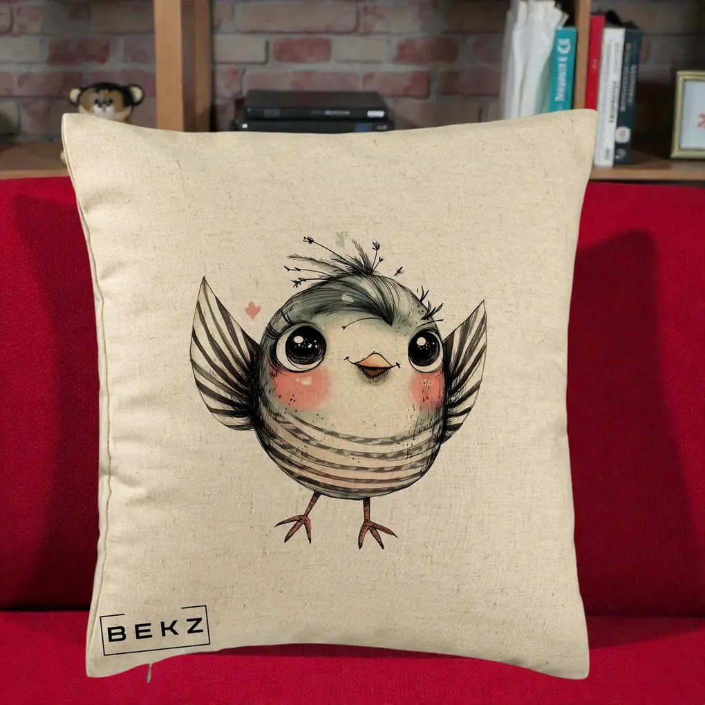 Perna Decorativa Pasare Gri cu Aripi si Inimioare, 40x40 cm, Bej, Husa Detasabila, Perna Inclusa, BEKZ®