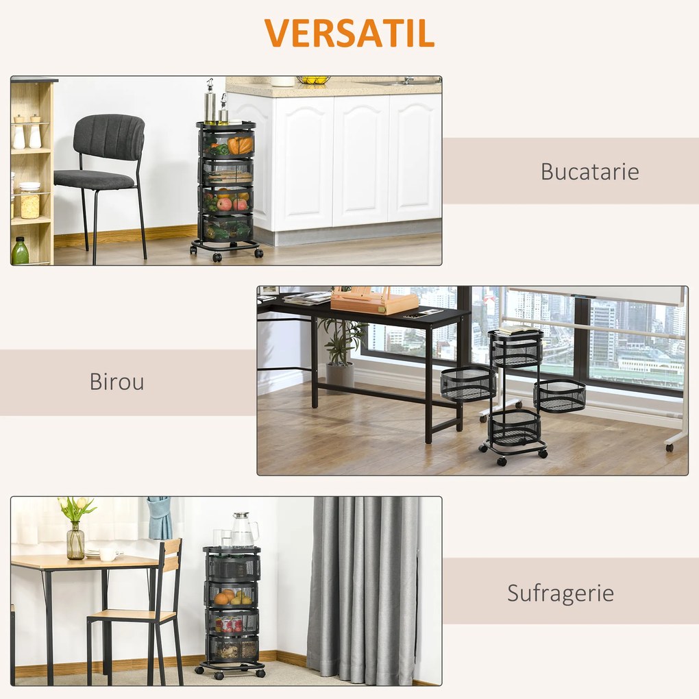 Carucior utilitar rulant cu cosuri metalice rotative, 4 niveluri de depozitare, otel si plastic PP, Negru 33x33x77cm HOMCOM | Aosom Romania
