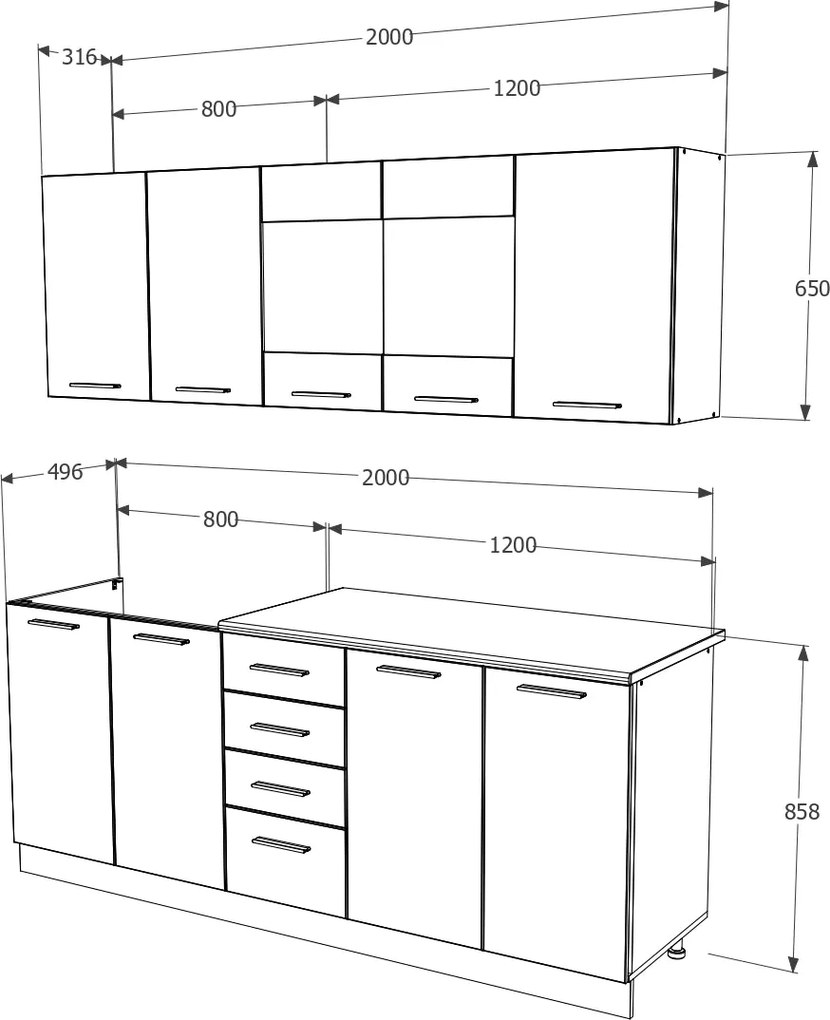 Bucatarie Riga, Pin Inchis/Alb, L 200 cm