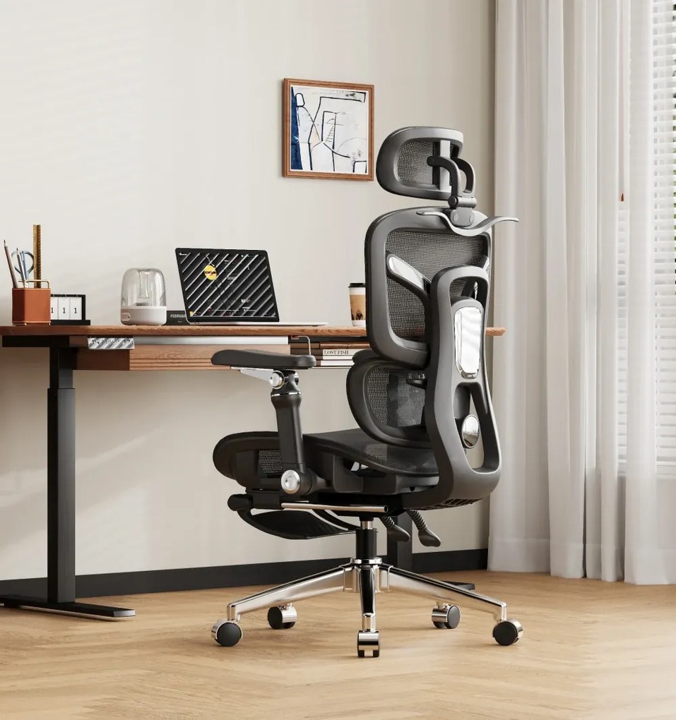 NEXORA – Scaun ergonomic, suport lombar 3D adaptiv, tetieră 4D, cotiere 9D, șezut glisant, recliner 135°, suport pentru picioare, bază metalică, Mesh, Negru