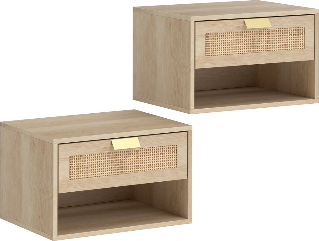 HOMCOM Set de 2 Noptiere Suspendate cu Sertar din Ratan Raft Deschis Economisire Spațiu 40x30x25 cm Stejar | Aosom Romania