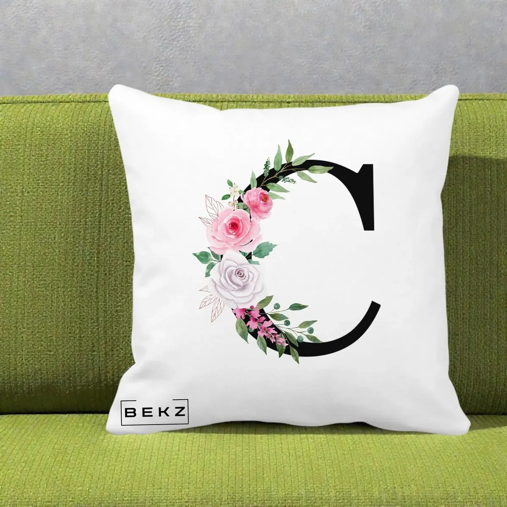 Cadou Personalizat - Perna Personalizata Monograma Florala Litera C, 40x40 cm, Alba Mata, Husa Detasabila, Perna Inclusa, BEKZ®