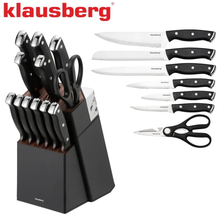 Set cuțite Klausberg KB 7985, 13 piese, Oțel inoxidabil, Mâner + ascuțitor, Negru