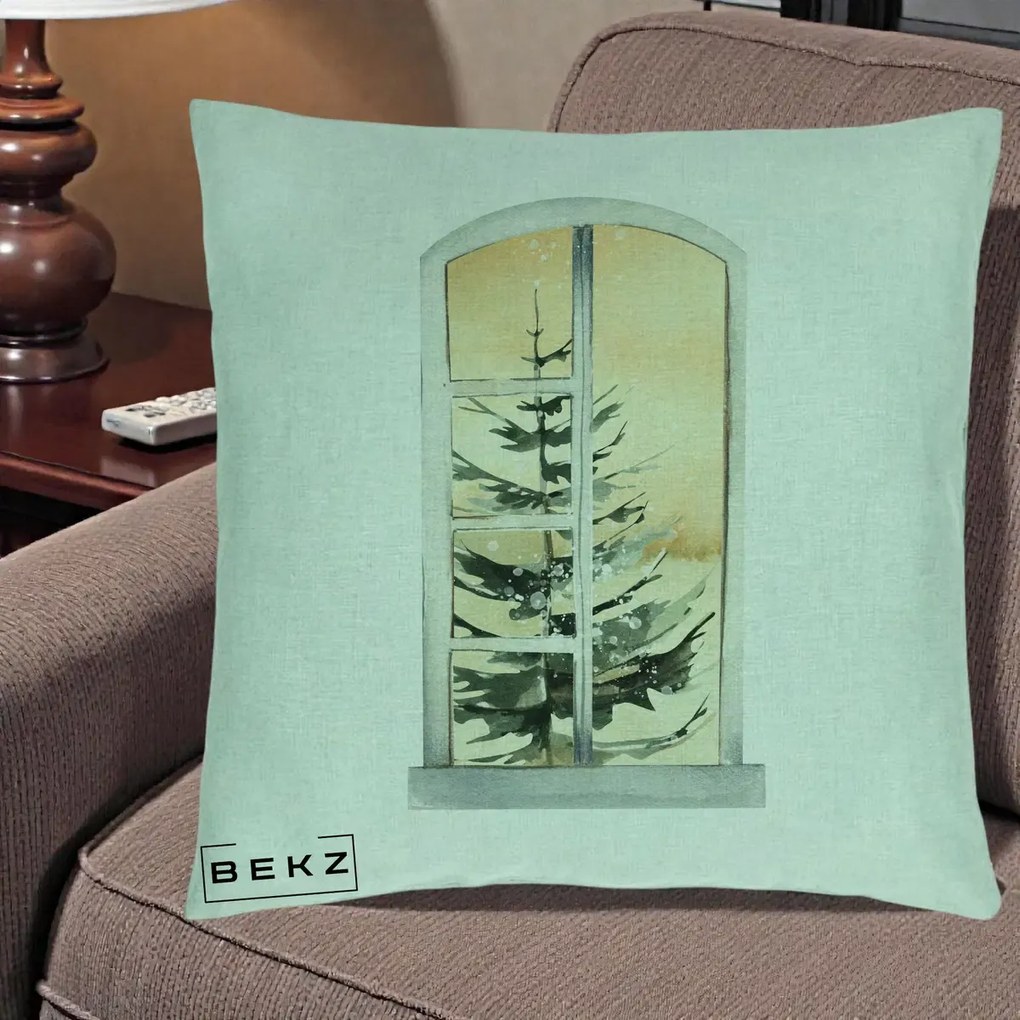 Perna Decorativa Fereastra cu Brad de Iarna, 40x40 cm, Verde Menta, Husa Detasabila, Perna Inclusa, BEKZ®