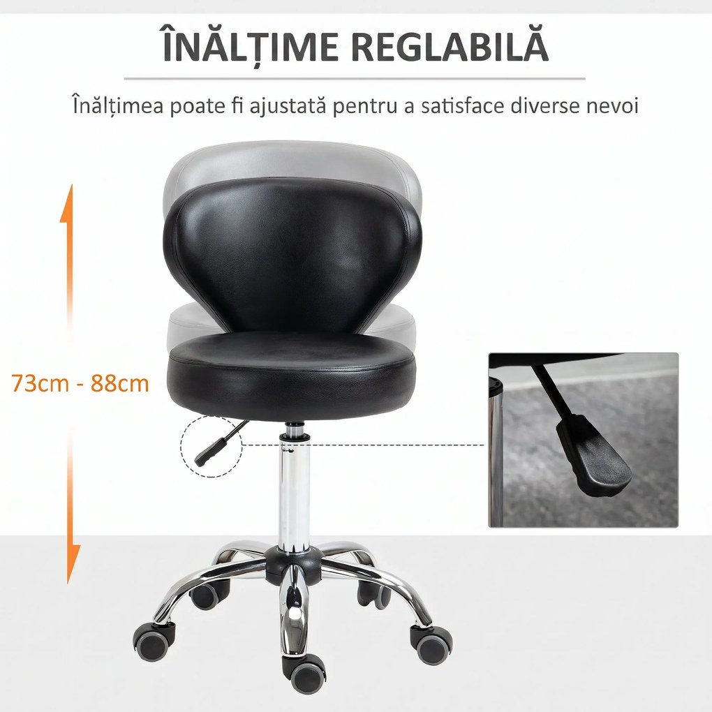 HOMCOM Taburet Rotativ 360° Reglabil, Taburet Cosmetic cu Spătar, din Oțel și Piele Ecologică, Negru | Aosom Romania