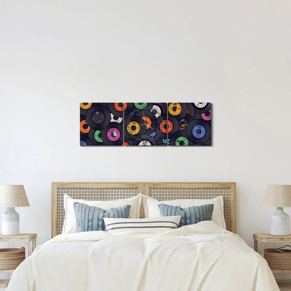 Tablou - plăci de gramofon (cu ceas) (90x30 cm)
