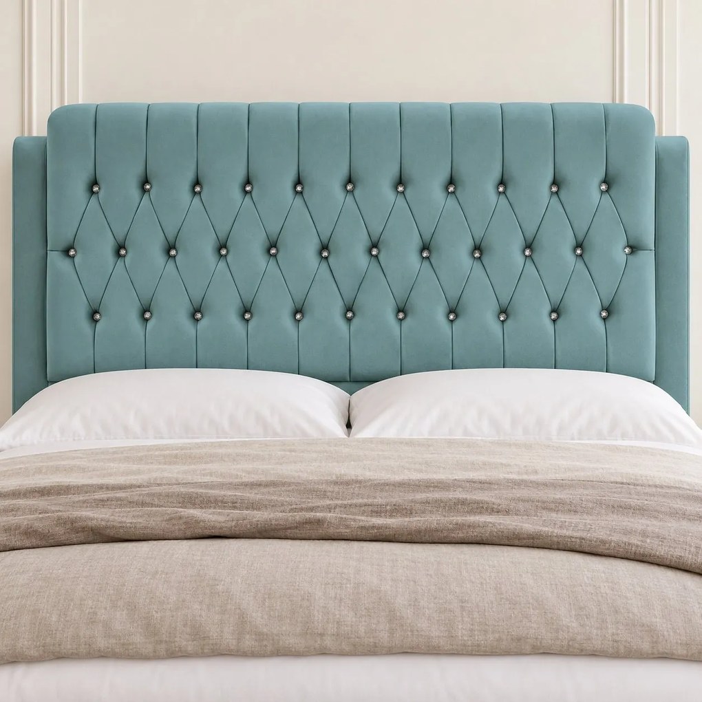 Pat tapițat Chesterfield din catifea Aveline Deluxe 160×200 cm, verde marin, cu ladă de depozitare