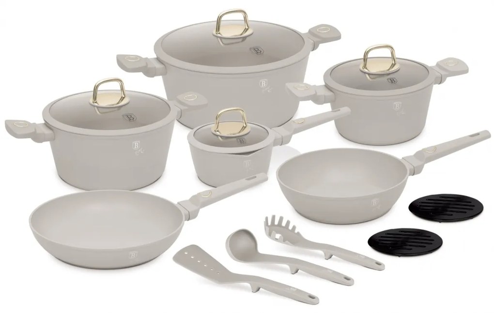 Set oale si tigai cu capace 15 piese Sahara Collection Berlinger Haus BH 8081, crem, antiaderente, curatare usoara, inductie, design elegant, premium