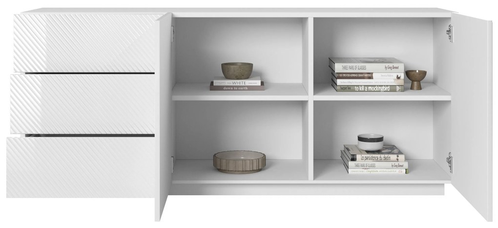 Comodă Asha 167 cm cu două uși și sertare - alb lucios