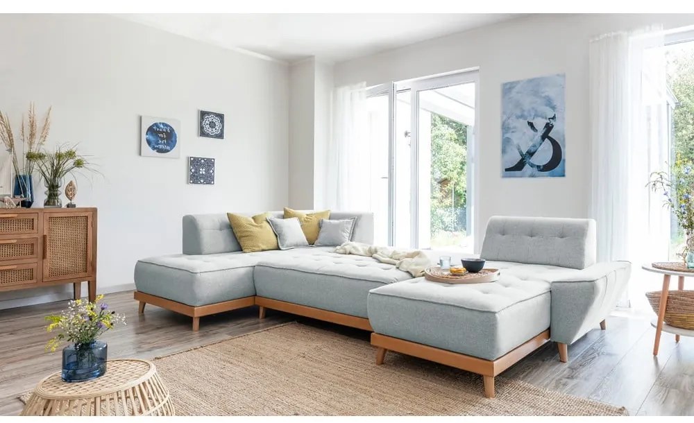 Canapea extensibilă în formă de "U" cu șezlong pe partea stângă Miuform Dazzling Daisy, gri deschis