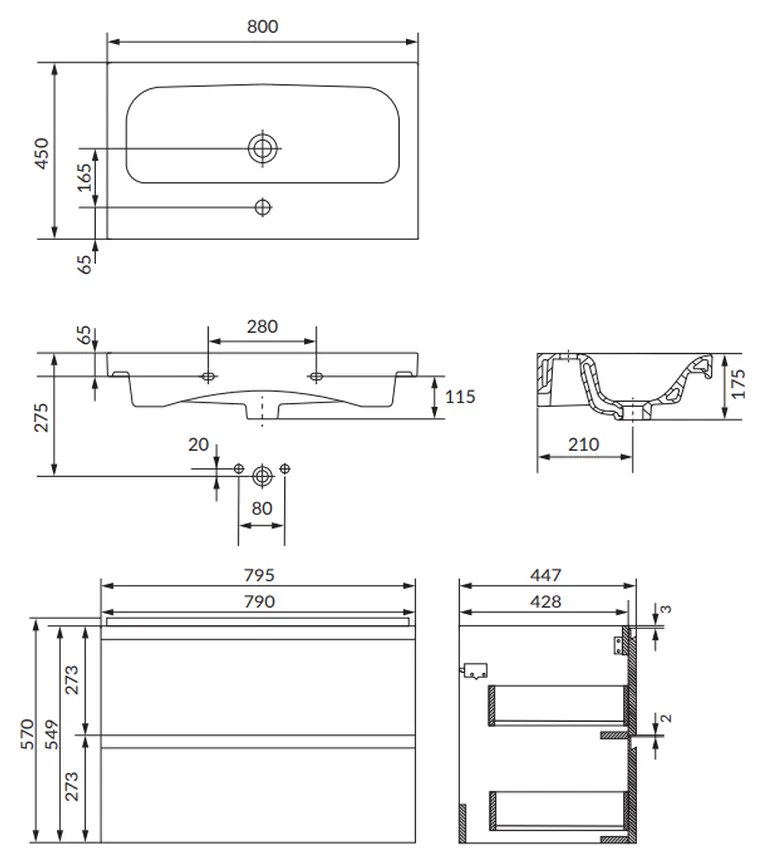 Set dulap baie suspendat 2 sertare cu lavoar inclus, 80 cm, antracit mat, Cersanit Moduo 800x450 mm