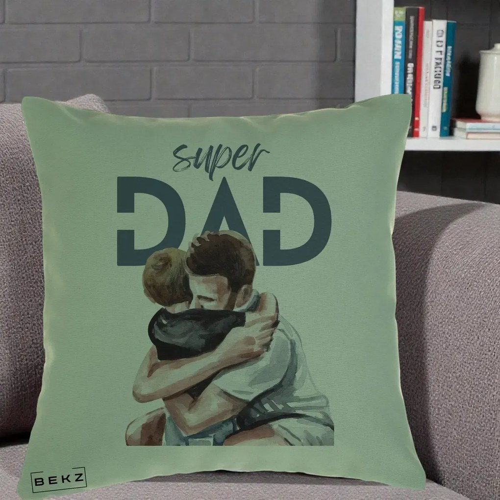 Cadou pentru Tata - Perna Personalizata Super Dad Tata si Fiu Imbratisare, 40x40 cm, Verde, Husa Detasabila, Perna Inclusa, BEKZ®