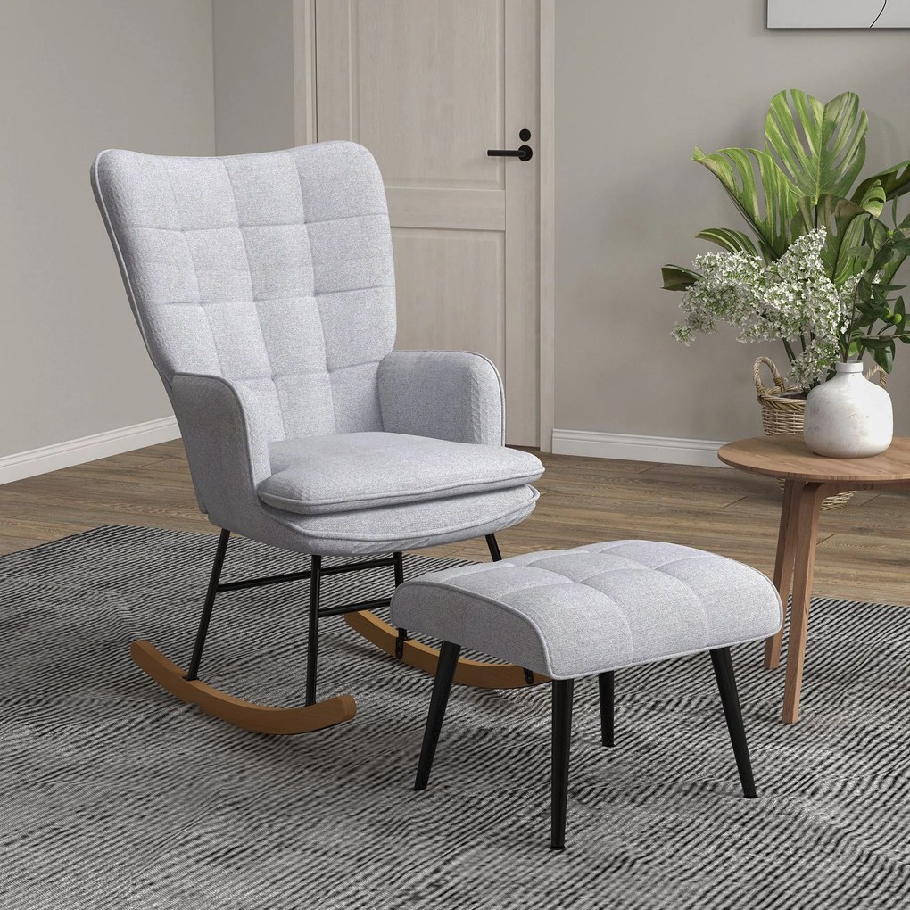 HOMCOM Fotoliu cu leagăn și otomană în design scandinav Fotoliu cu taburet, Lemn de fag, Captuseală, 64 cm x 89 cm x 90 cm Gri | Aosom Romania
