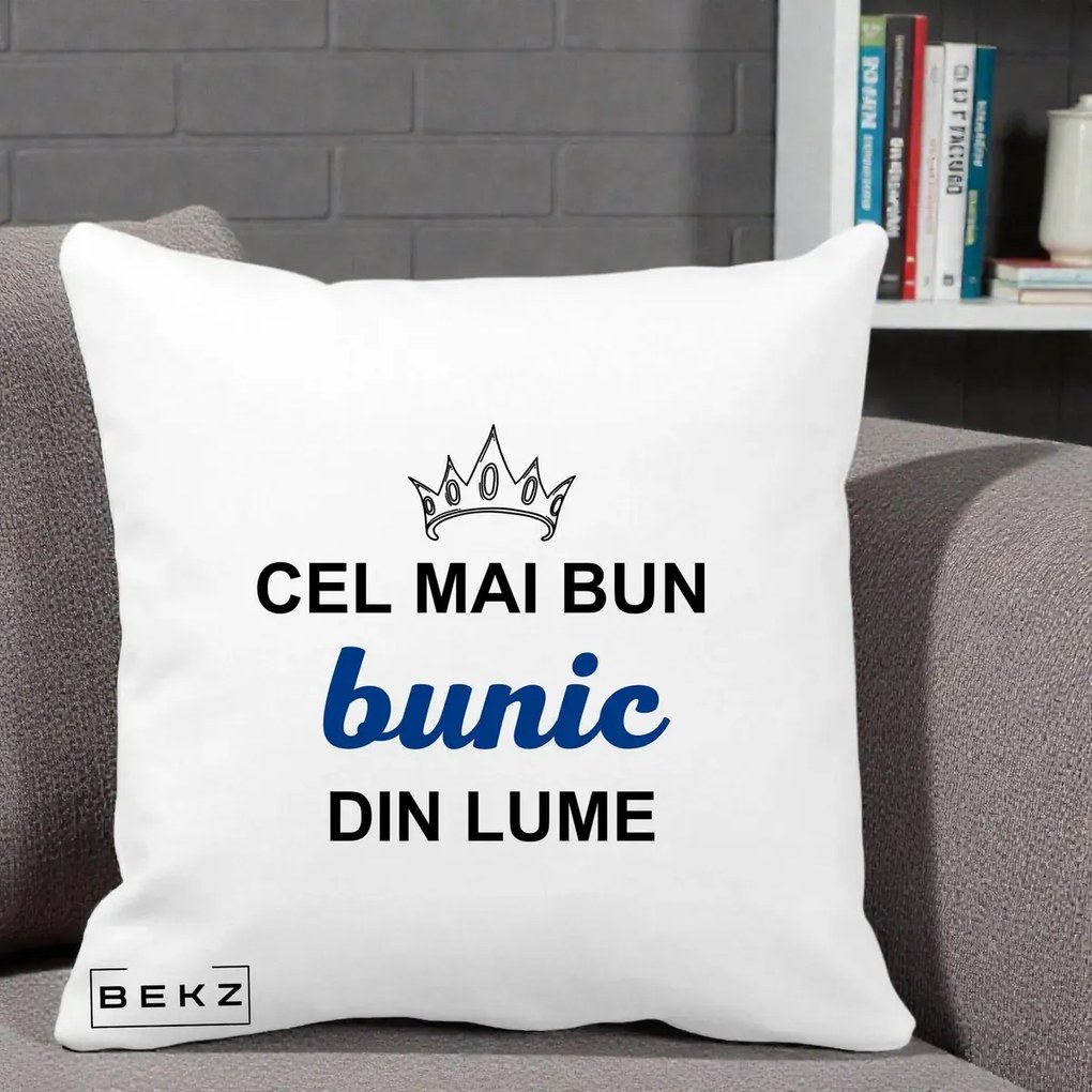 Cadou pentru Bunic - Perna Personalizata Cel Mai Bun Bunic Din Lume Coroana Albastra, 40x40 cm, Alba Mata, Husa Detasabila, Perna Inclusa, BEKZ®
