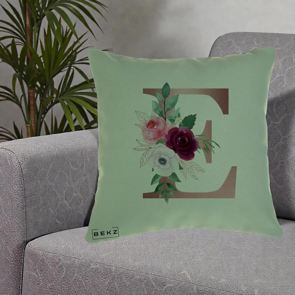 Cadou Personalizat - Perna Personalizata Monograma Rose Gold Litera E, 40x40 cm, Verde, Husa Detasabila, Perna Inclusa, BEKZ®