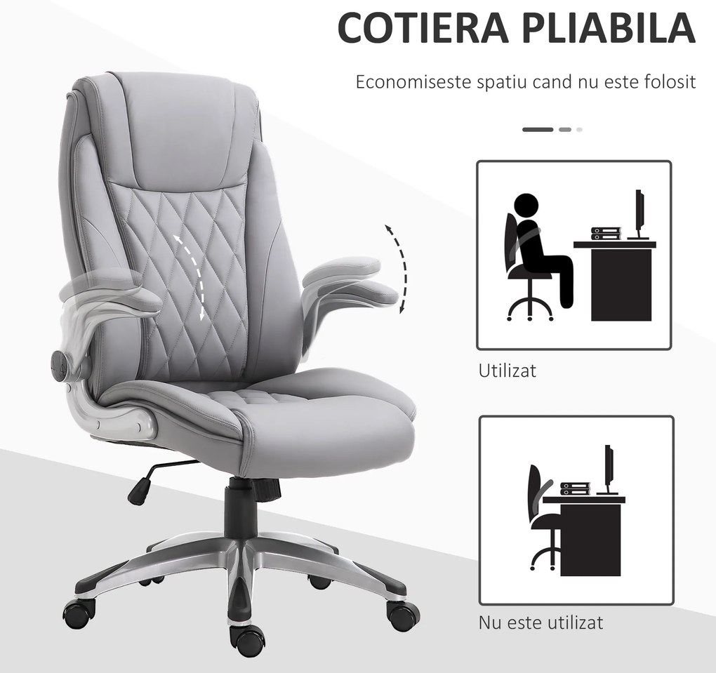 Vinsetto Scaun de Birou Ergonomic cu Căptușeală, Înălțime Reglabilă și 5 Roți Pivotante, 69,5x76x113-121 cm, Gri | Aosom Romania