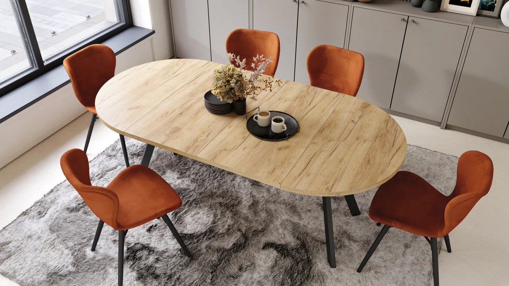 Mazzoni ALMO Stejar Craft Auriu/picioare negre - MASĂ ROTUNDĂ EXTENSIBILĂ CU PICIOARE ÎN FORMĂ DE Y STIL LOFT PENTRU SALON/SUFRAGERIE