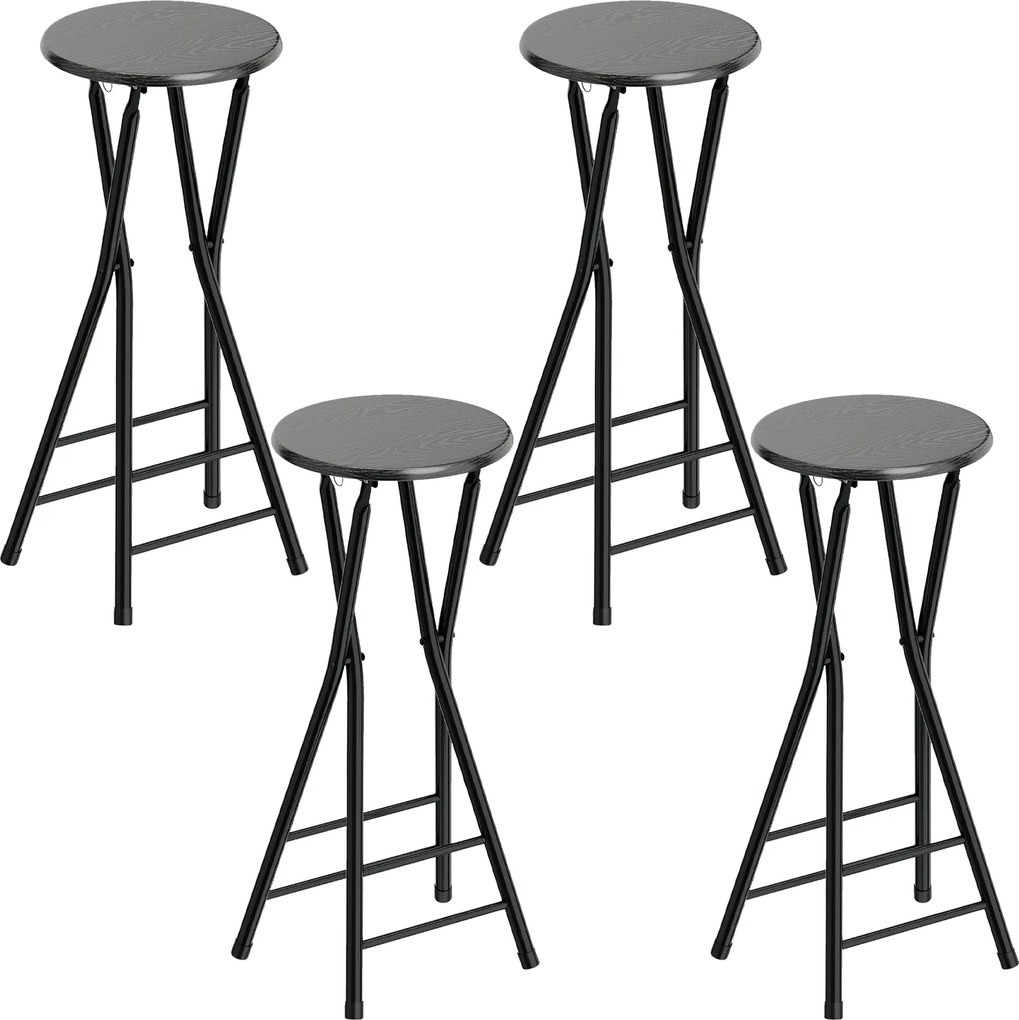 HOMCOM Set 4 Scaune de Bar Pliabile, Scaune Înalte Rotunde cu 2 Suporturi pentru Picioare, Cadru din Lemn și Oțel, Scaune Bar pentru Insulă, Negru | Aosom Romania