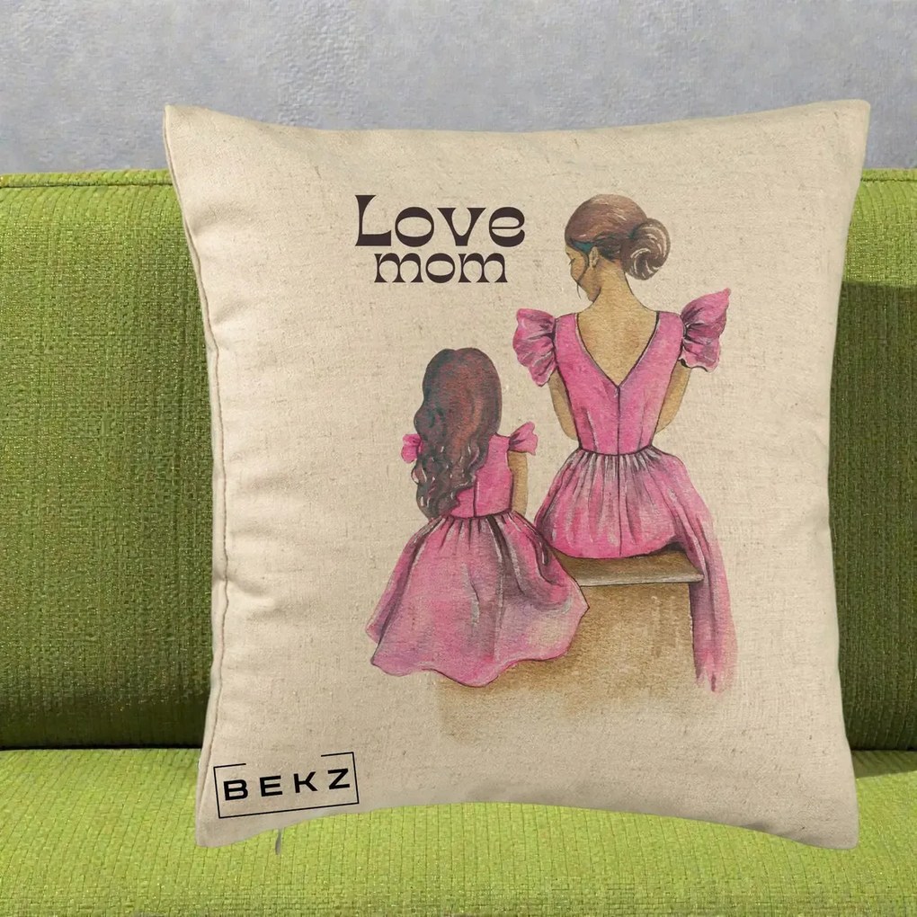 Cadou pentru Mama - Perna Personalizata Love Mom Rochii Roz, 40x40 cm, Bej, Husa Detasabila, Perna Inclusa, BEKZ®