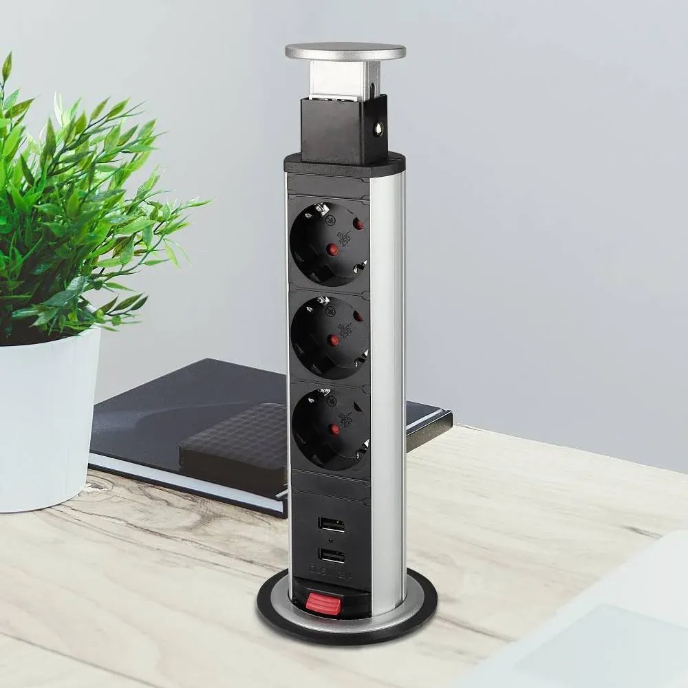 Priză încorporabilă în blat Lift Box Design Light, 3 prize Schuko, 2 porturi USB, aluminiu, D:71 mm Aluminiu, Metal/Plastic, D:71 mm; H:328 mm