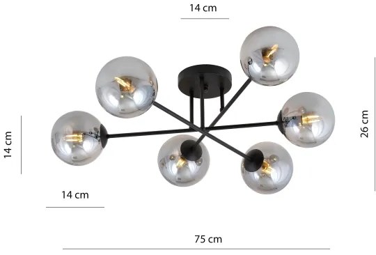 Lustră aplicată ROMA 6xE14/10W/230V negru/fumuriu