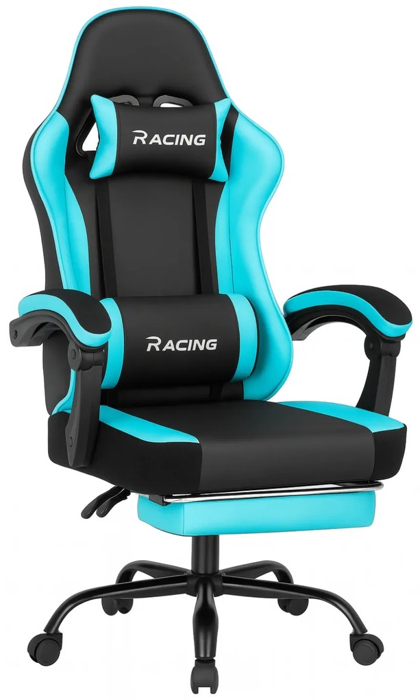 Scaun gaming, Masaj în perna lombară, Suport picioare, Rabatabil 90-165°, piele PU, Negru/Albastru