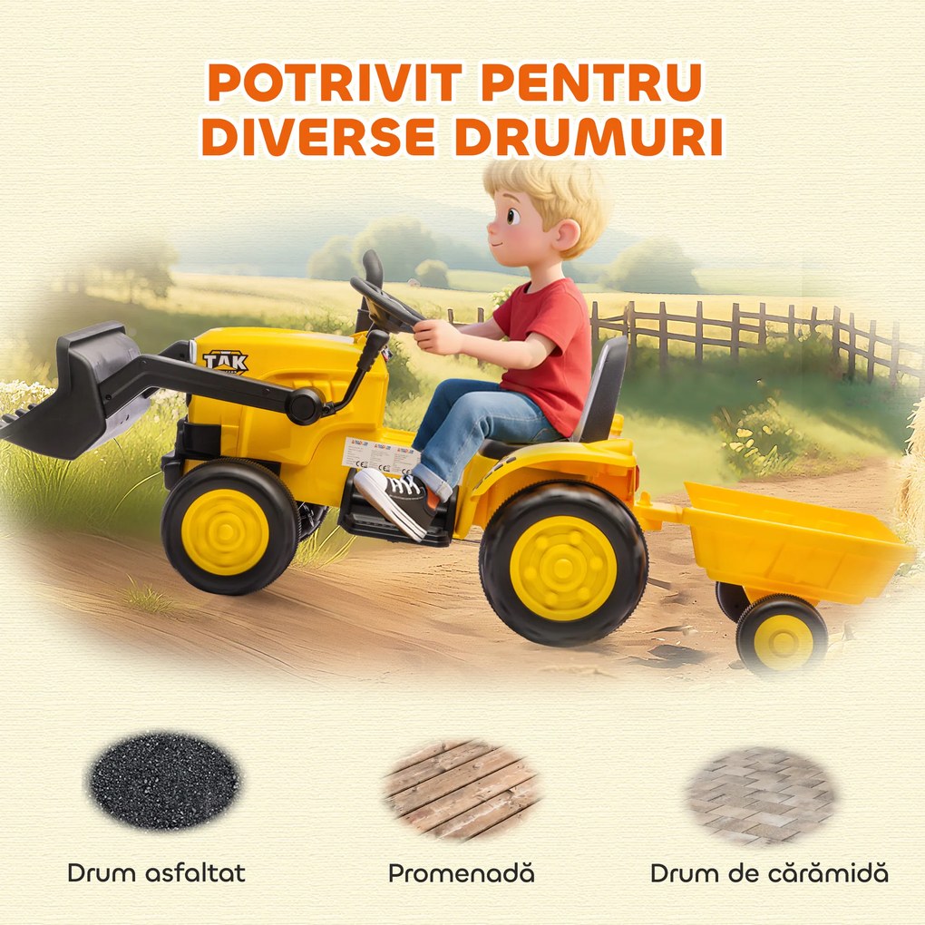 AIYAPLAY Excavator Electric pentru Copii 12V cu Cupă și Remorcă Detașabilă, Tractor Electric de Călărit cu 2 Motoare, Telecomandă, Conexiune Wireless, USB, Lumini și Muzică, 3-8 Ani, Galben | Aosom Romania