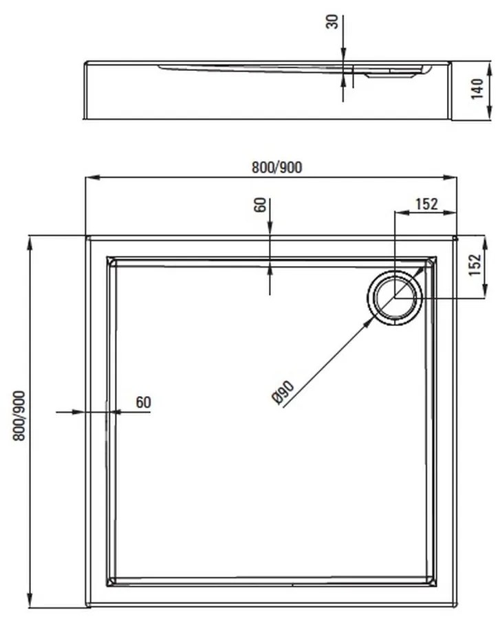 Cadita dus patrata alba 90x90 cm Jasmin Plus, Deante 900x900 mm
