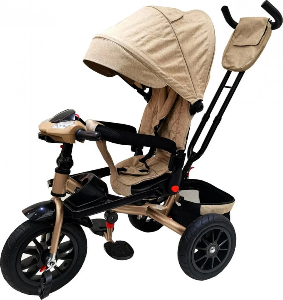 Tricicleta cu copertina NOVOKIDS Super Trike, Cu melodii si lumini, Roti din cauciuc, Pozitie somn, Scaun reversibil cu rotatie 360 grade, Crem