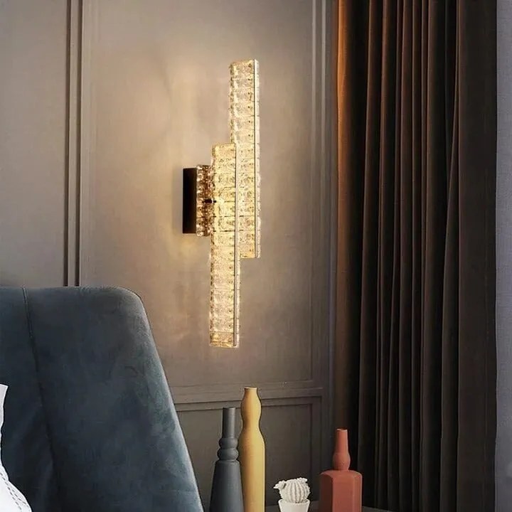 Aplică LED Auriu cu Cristale – 10W, 2 Surse de Iluminare, 3 Tonuri de Lumină, 50×12×12 cm