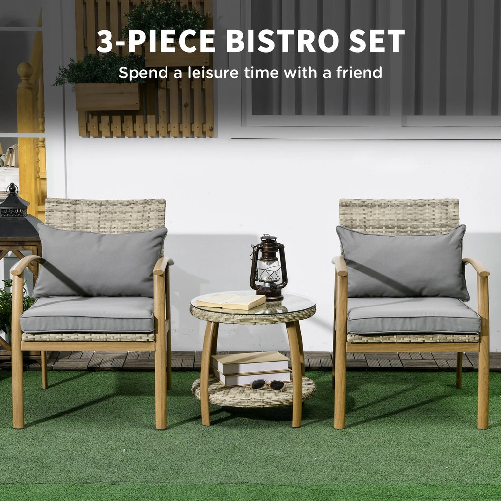 Outsunny Set Mobilier Terasă 3 Piese din Răchită, Salon Exterior cu Perne Moi și Masă de Cafea din Sticlă Securizată, Confortabil | Aosom Romania