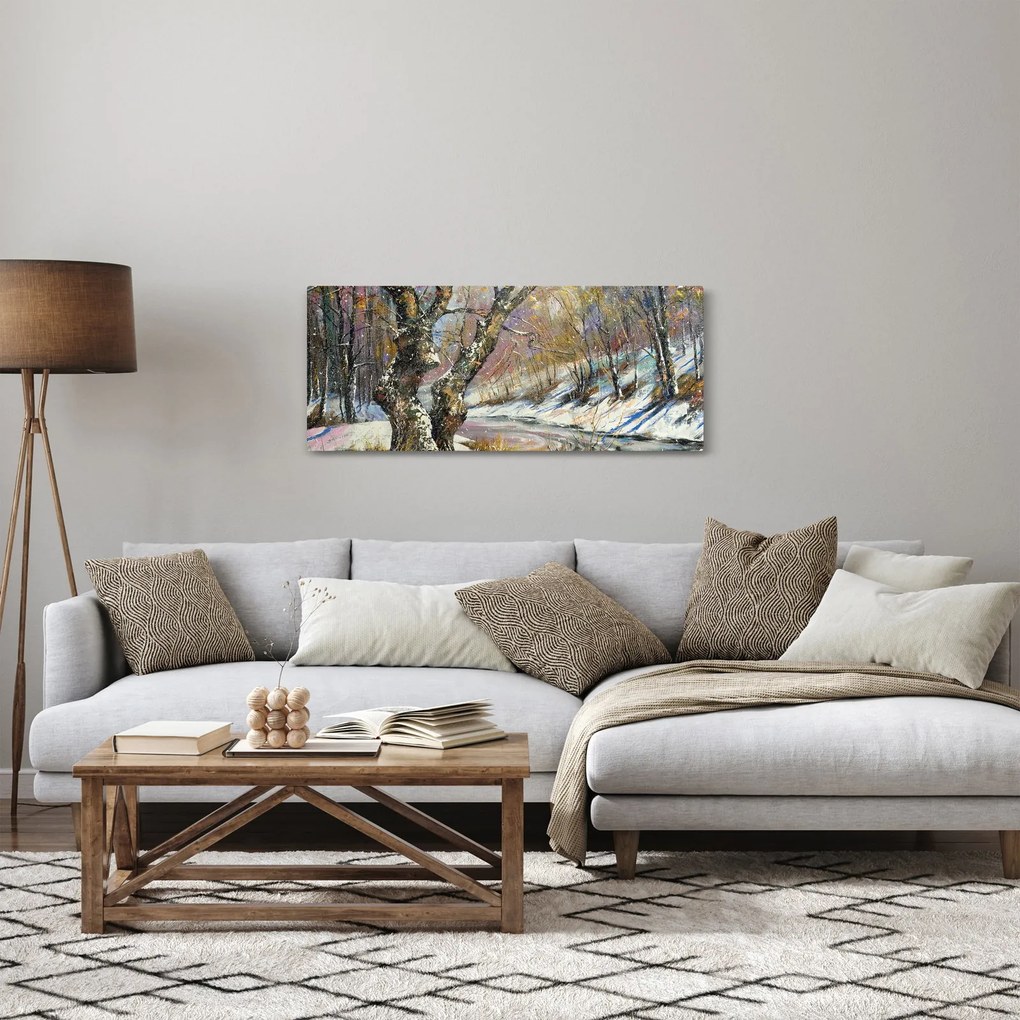 Tablou cu peisaj de iarnă pictat (120x50 cm)