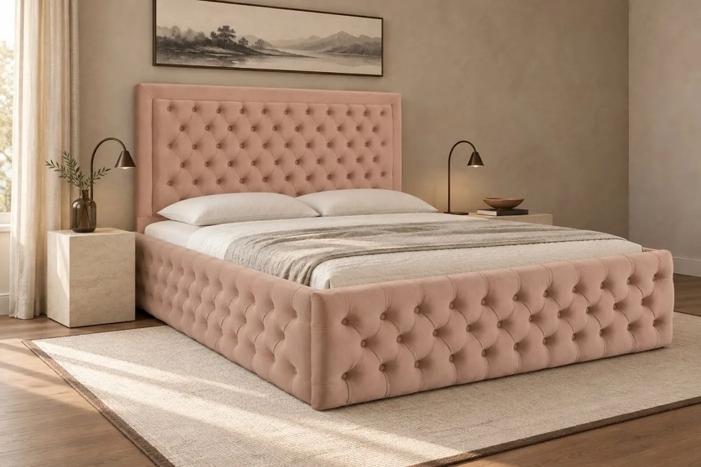 Pat tapițat Chesterfield din catifea Ophelia Deluxe 200×200 cm, cappuccino, cu ladă de depozitare