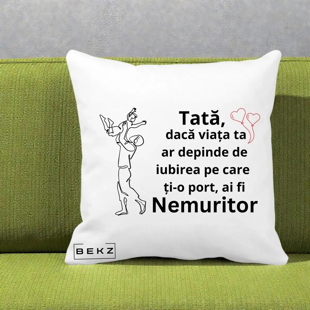 Cadou pentru Tata - Perna Personalizata Tata Nemuritor Joaca in Aer, 40x40 cm, Alba Mata, Husa Detasabila, Perna Inclusa, BEKZ®