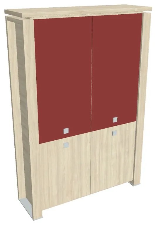 Dulap înalt Verno+ 140 x 46 x 210 cm, uși combinate, salcâm / roșu