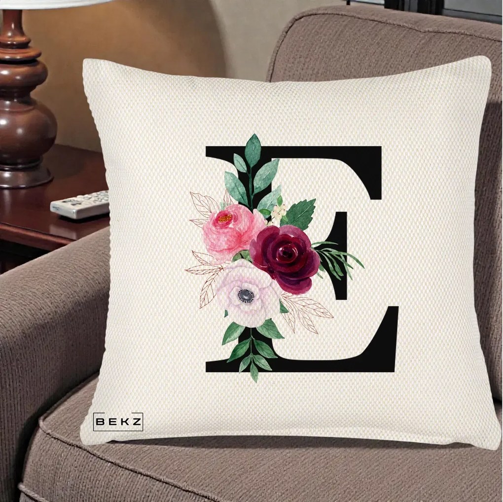Cadou Personalizat - Perna Personalizata Monograma Florala Litera E, 40x40 cm, Crem Reliefat, Husa Detasabila, Perna Inclusa, BEKZ®