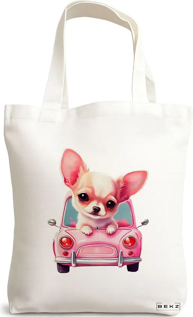 Sacosa de Panza pentru Cumparaturi, Geanta Tote, model Chihuahua the Driver, 38x34.5 cm, Alba, BEKZ®