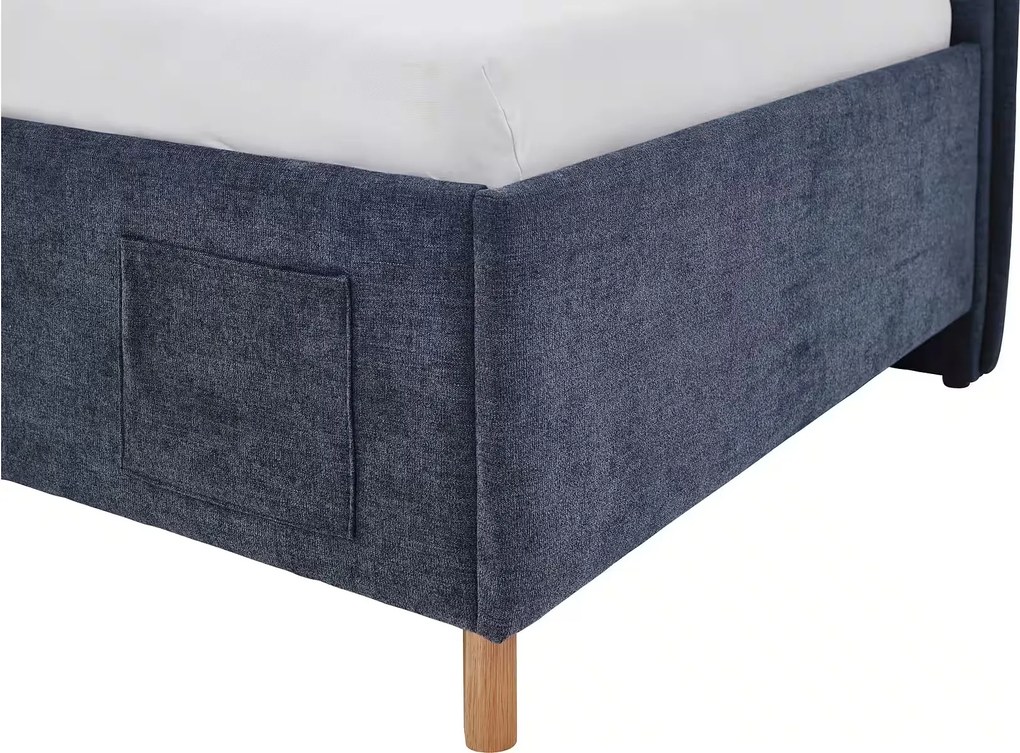 Boxspring tip divan, 90x200 cm, cu lada de depozitare, USB charger, somiera rabatabilă, culoare blug, material țesătură