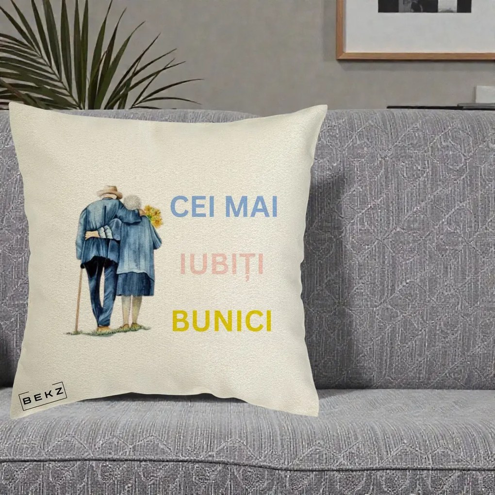 Cadou pentru Bunici - Perna Personalizata Cei Mai Iubiti Bunici Acuarela Spate, 40x40 cm, Ecru, Husa Detasabila, Perna Inclusa, BEKZ®