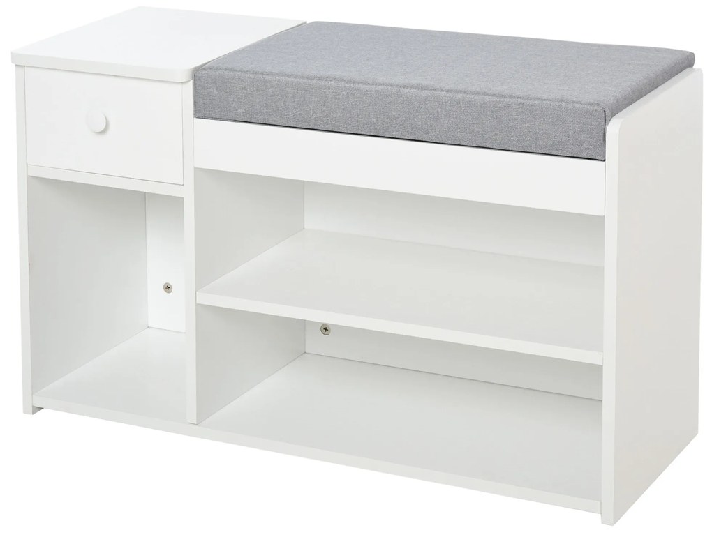 Banca pantofar cu perna, sertar si 3 compartimente deschise, mobilier din lemn pentru hol 81x31.5x49cm, alb | Aosom Romania