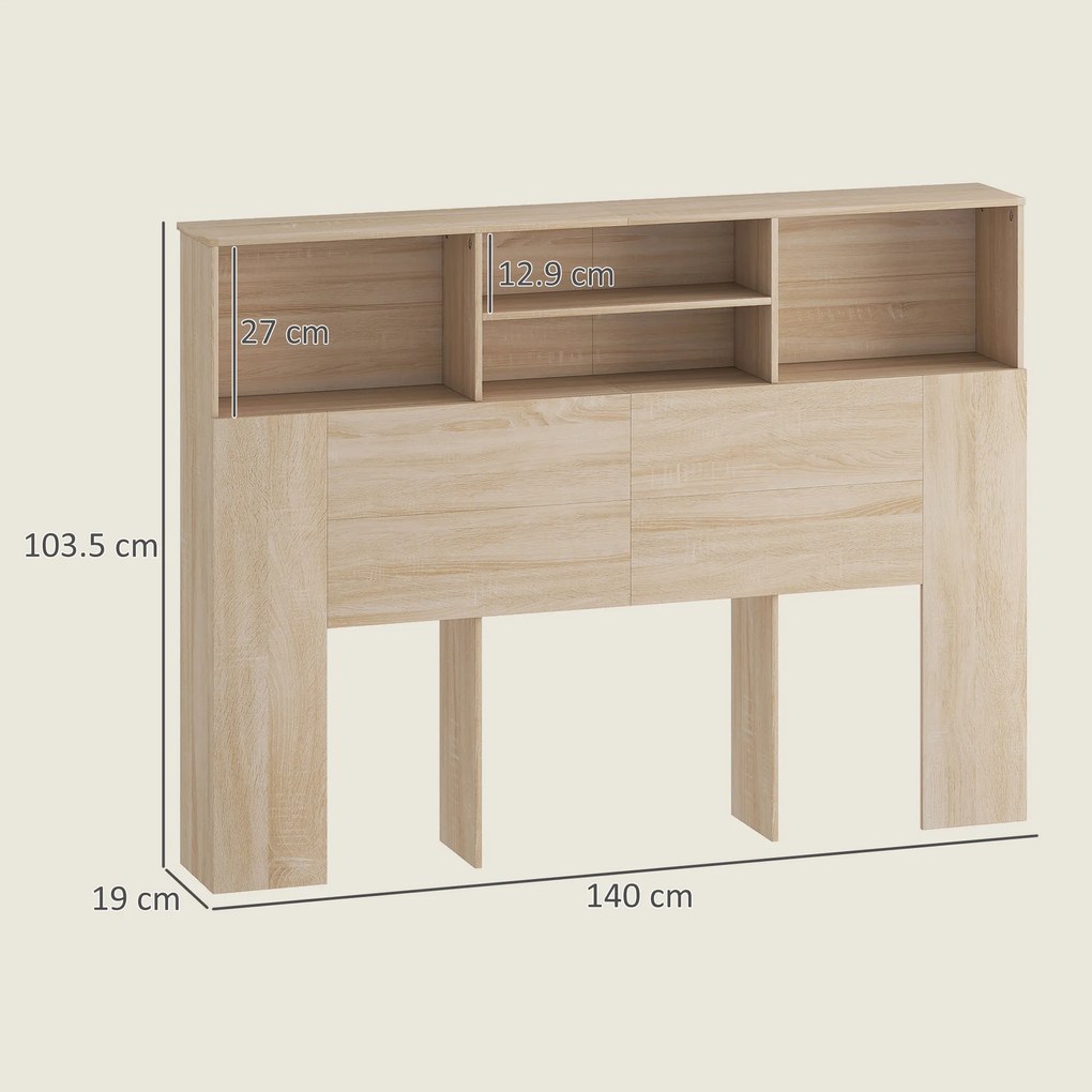 HOMCOM Tăblie pe picioare cu depozitare, accesoriu pentru pat cu 4 compartimente deschise, 140 x 19 x 103,5 cm, efect lemn natural | Aosom Romania
