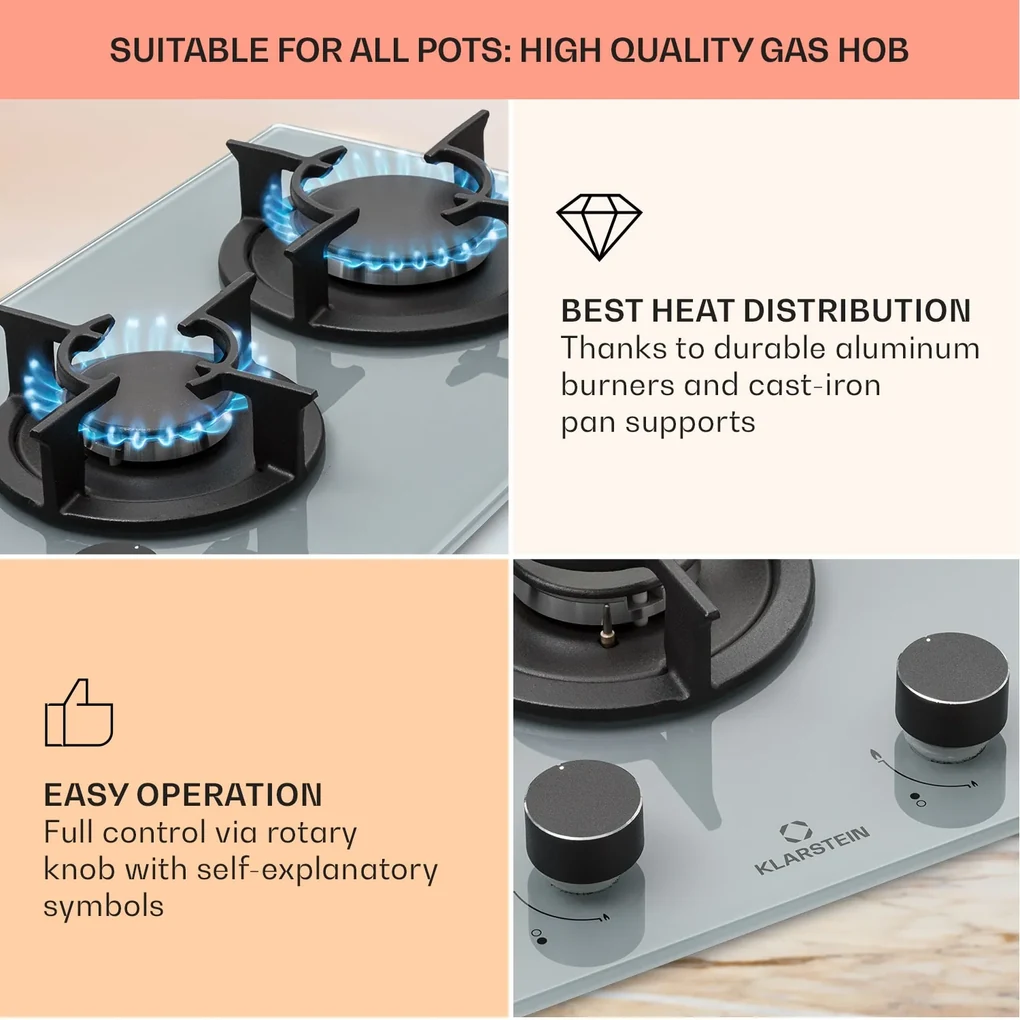 Firetale, plită cu gaz, 2 arzătoare, arzătoare din aluminiu, gaz natural/propan, inclusiv furtun și reductor de presiune