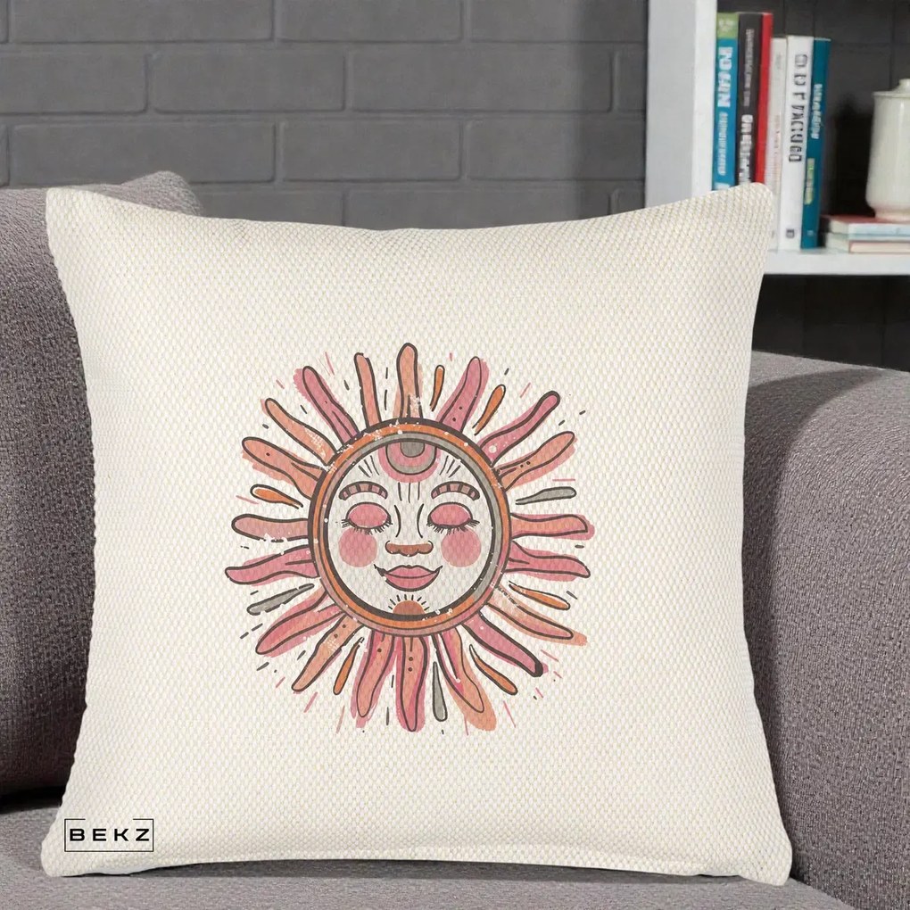 Perna Decorativa Soare Roz Tribal, 40x40 cm, Crem Reliefat, Husa Detasabila, Perna Inclusa, BEKZ®