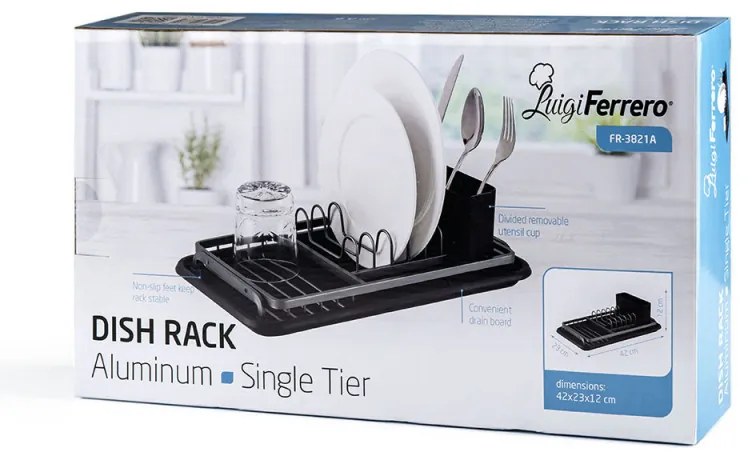 Uscător de vase Luigi Ferrero FR-3821A, 42x23x12 cm, Picioare antiderapante, Tavă de scurgere, Negru/gri