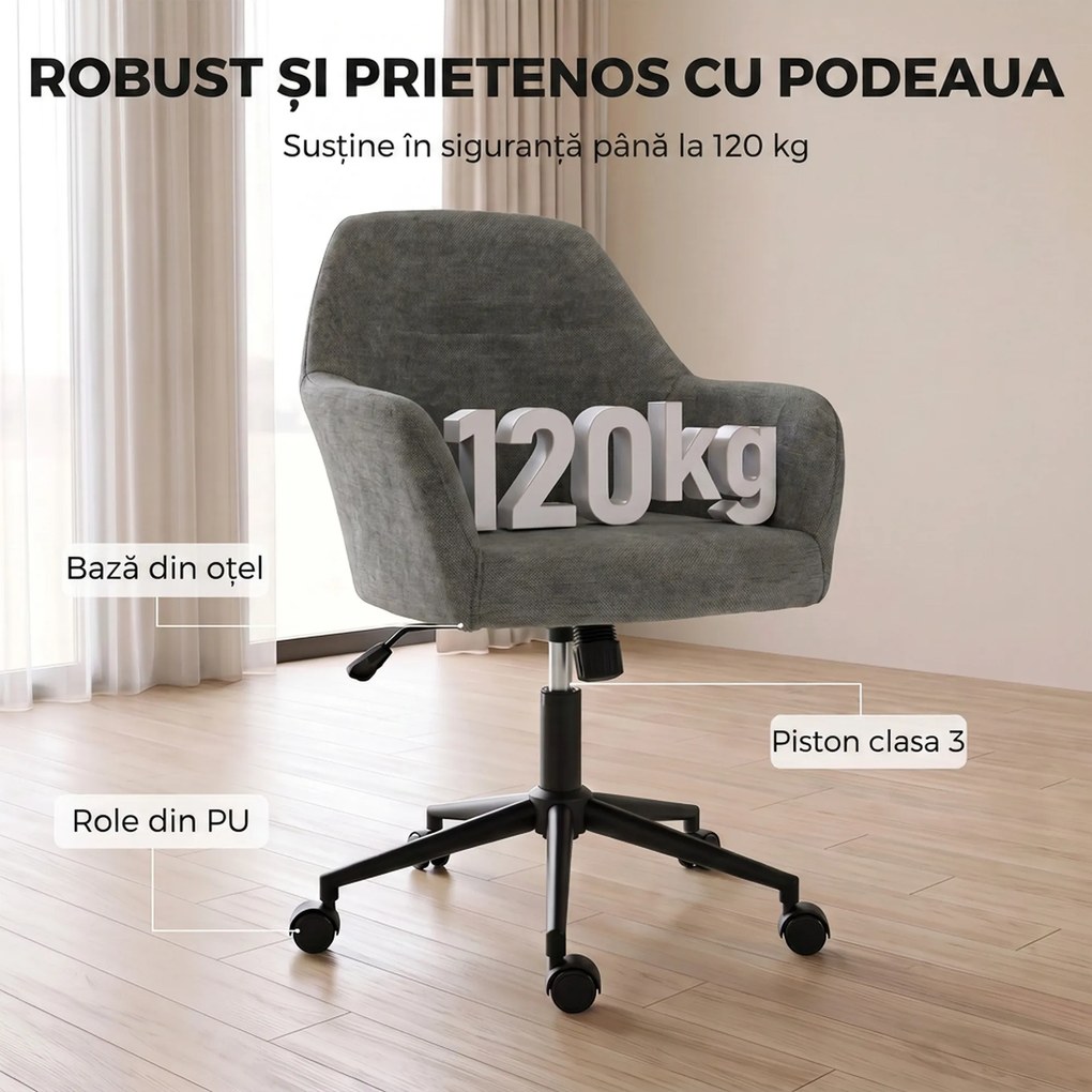 HOMCOM Scaun de Birou Rotativ din Chenille cu înălțime Reglabilă, Gri | Aosom Romania
