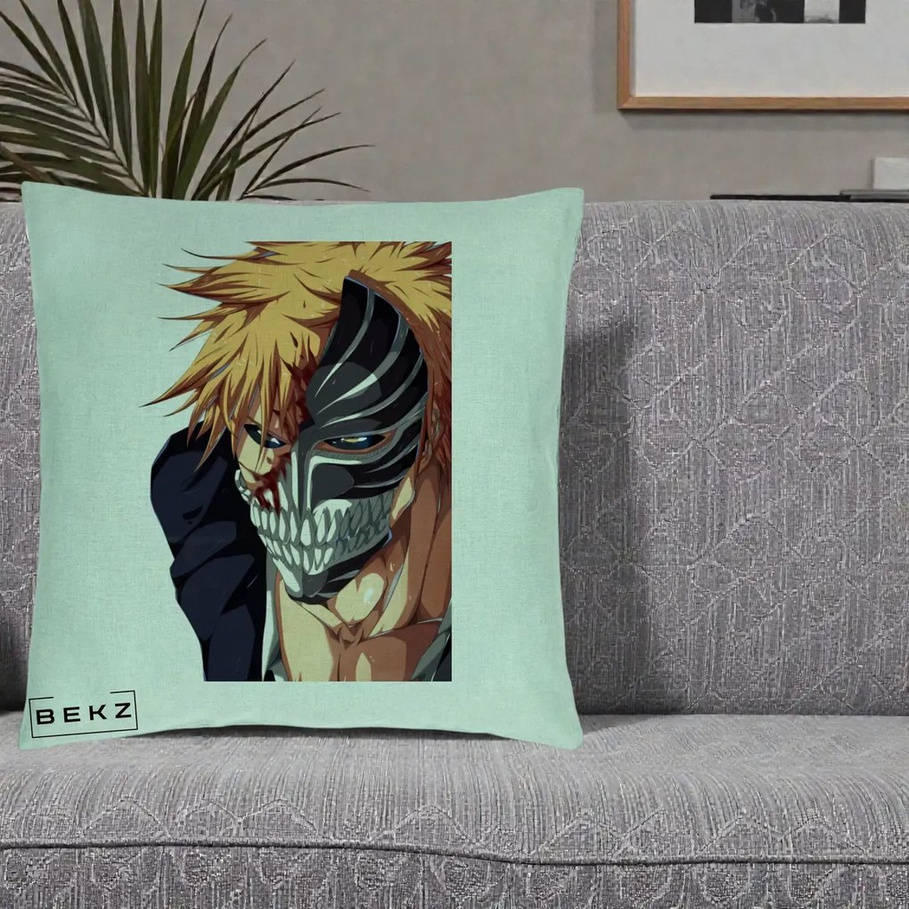 Perna Personalizata Bleach Ichigo Masca Hollow, 40x40 cm, Verde Menta, Husa Detasabila, Perna Inclusa, BEKZ®