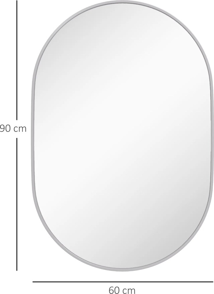 HOMCOM Oglindă Ovală pentru Baie, Oglindă Modernă de Perete cu Rama din Aluminiu și Montaj Vertical sau Orizontal, 60x90 cm, Argintiu | Aosom Romania